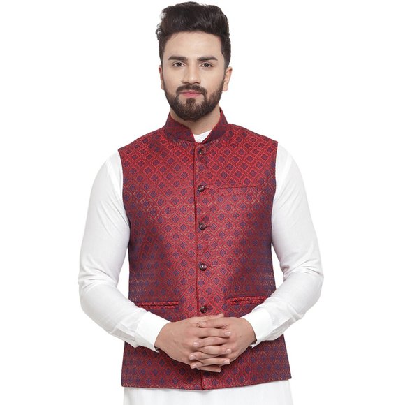 Sleeveless Traditional Brocade Silk Fabric Maroon Nehru Jacket by Treemoda - Picture 1 of 5